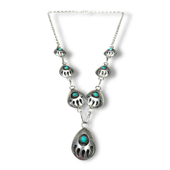 Vintage Native American Navajo Sterling Silver Necklace Turquoise Bear Paw 22.5" - Picture 5 of 6